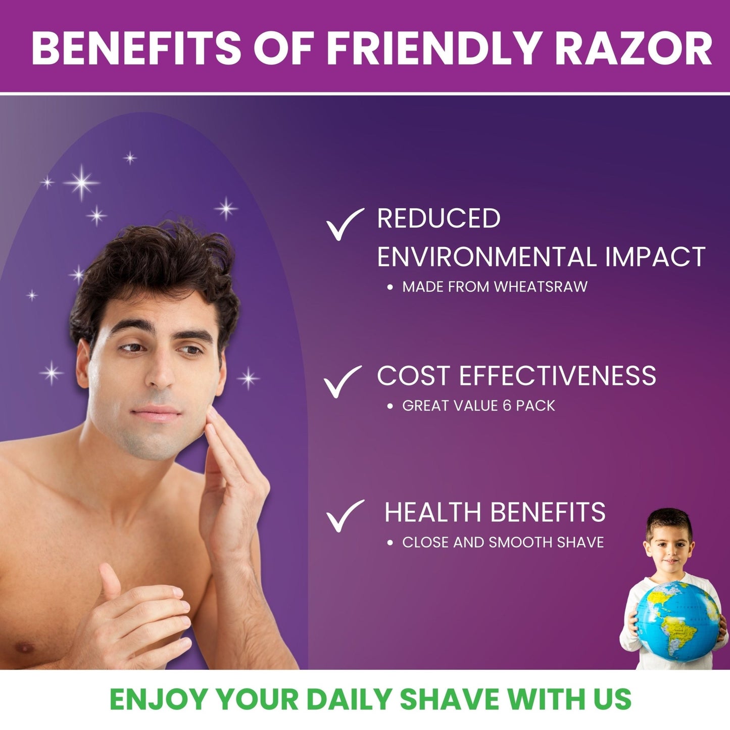 6 - Pack Eco - Friendly Wheatstraw Razors - Sustainable Shaving for Men & Women - Purple Mallet