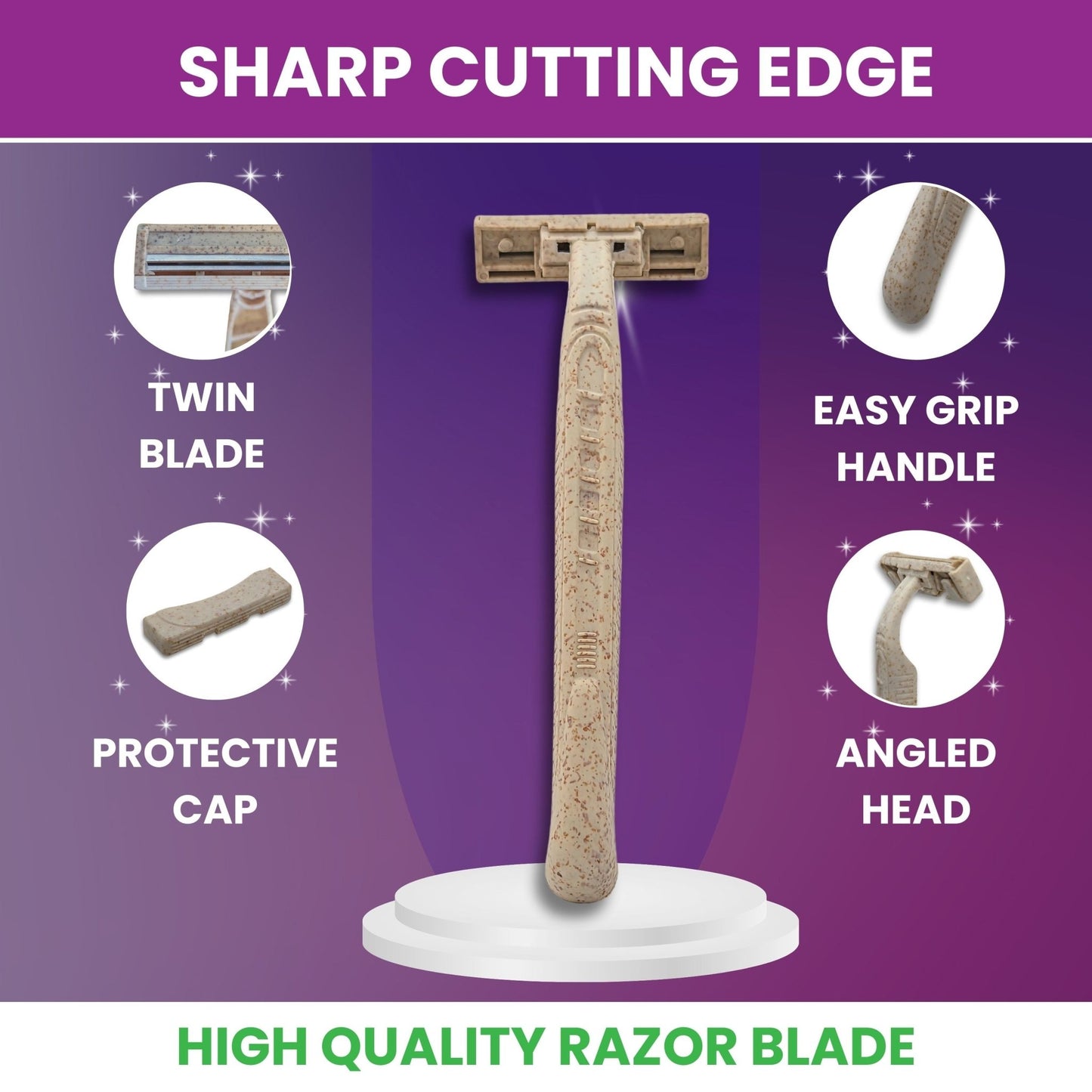6 - Pack Eco - Friendly Wheatstraw Razors - Sustainable Shaving for Men & Women - Purple Mallet