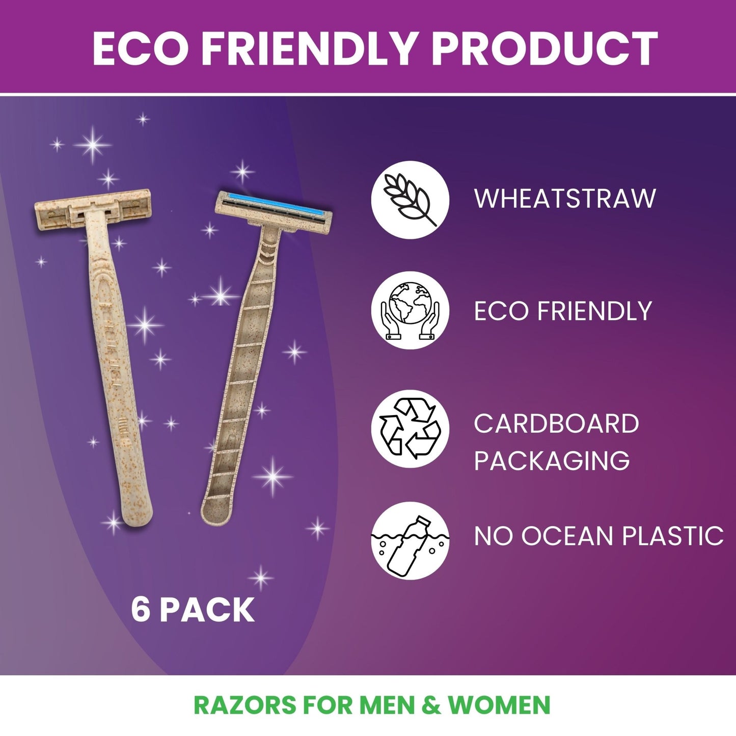 6 - Pack Eco - Friendly Wheatstraw Razors - Sustainable Shaving for Men & Women + Strip - Purple Mallet