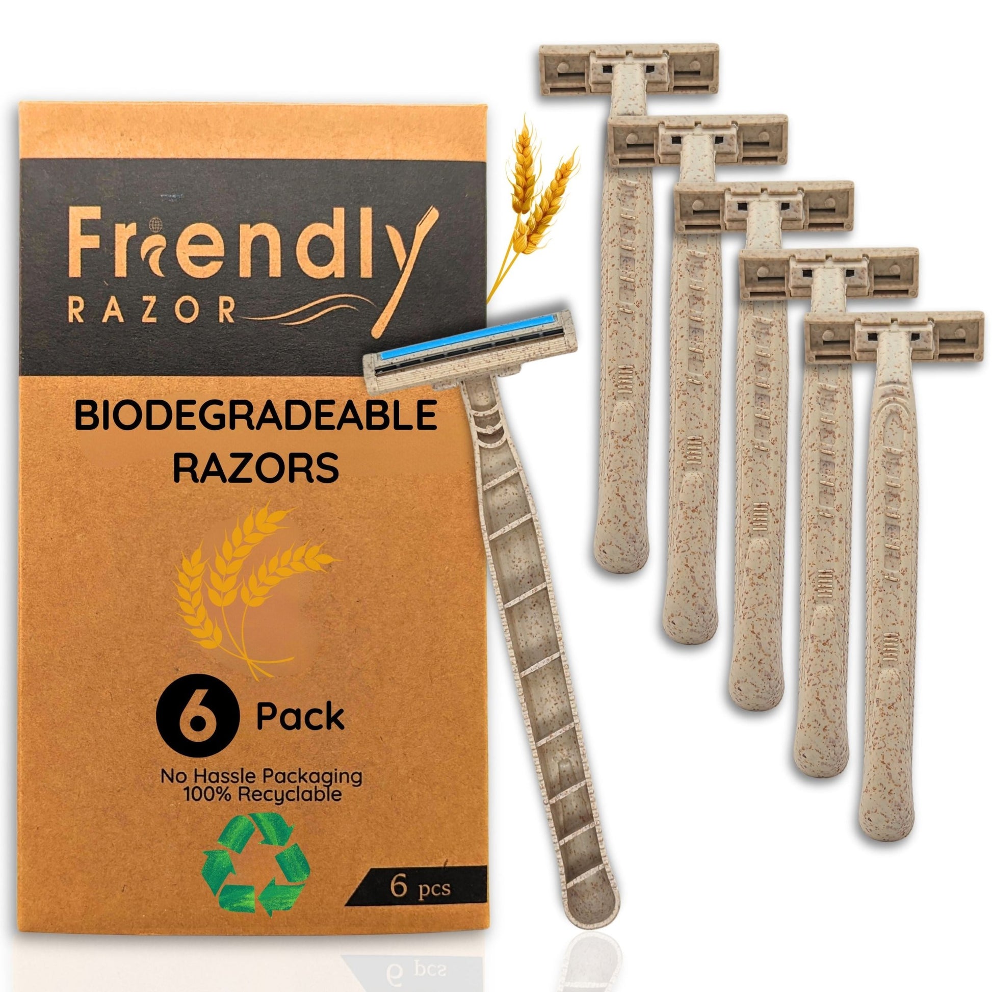 6 - Pack Eco - Friendly Wheatstraw Razors - Sustainable Shaving for Men & Women + Strip - Purple Mallet