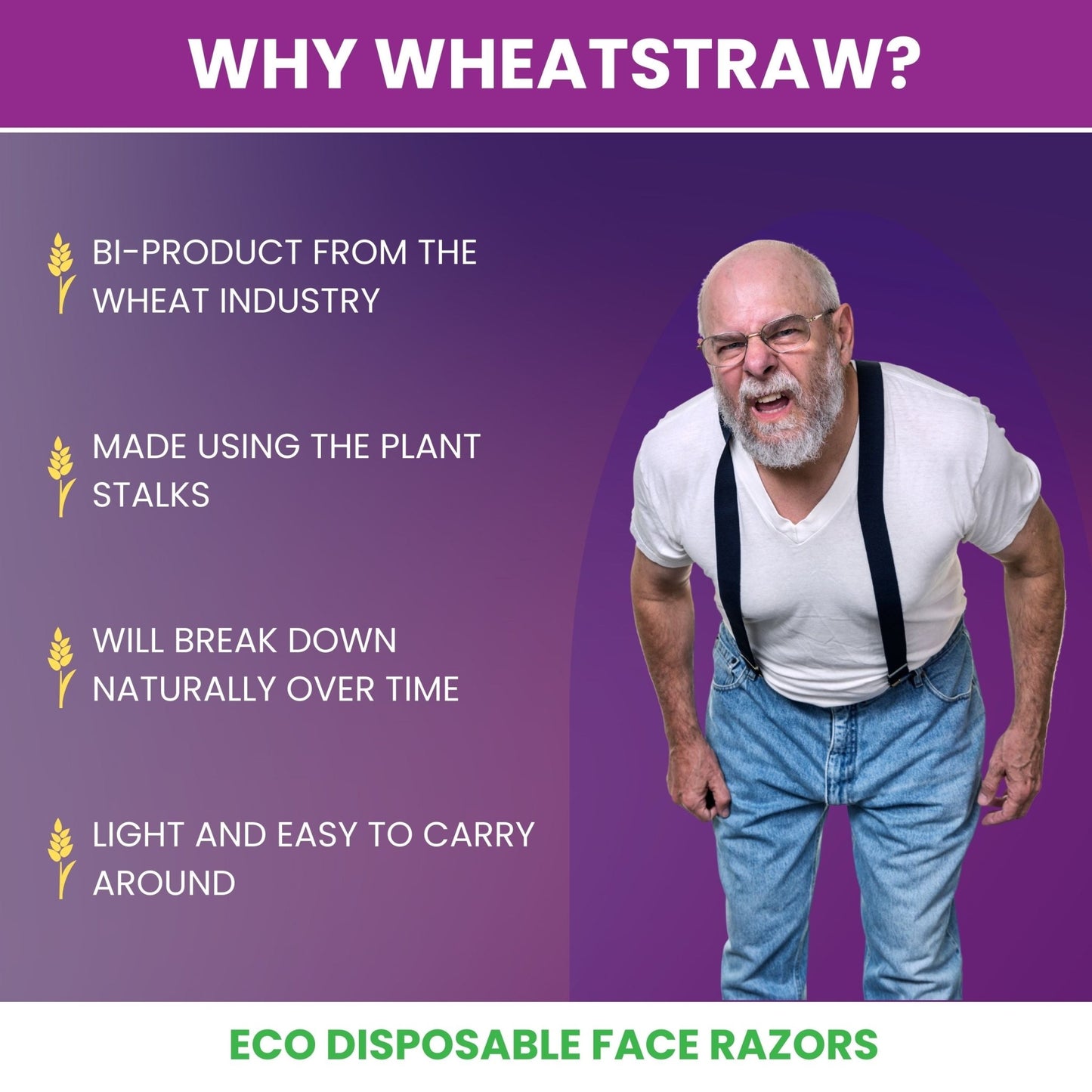 6 - Pack Eco - Friendly Wheatstraw Razors - Sustainable Shaving for Men & Women + Strip - Purple Mallet