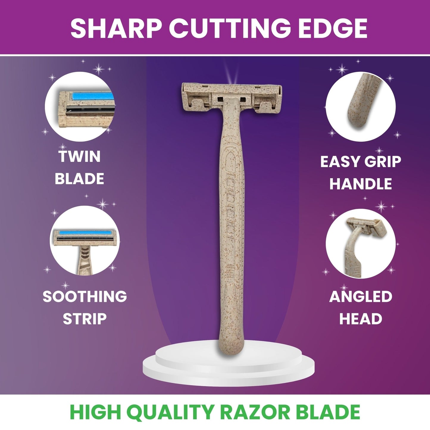 6 - Pack Eco - Friendly Wheatstraw Razors - Sustainable Shaving for Men & Women + Strip - Purple Mallet