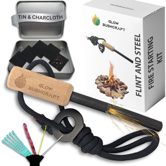 Complete Flint and Steel Fire Starter Kit - Includes Charcloth, Survival Cord & Tin - Purple Mallet