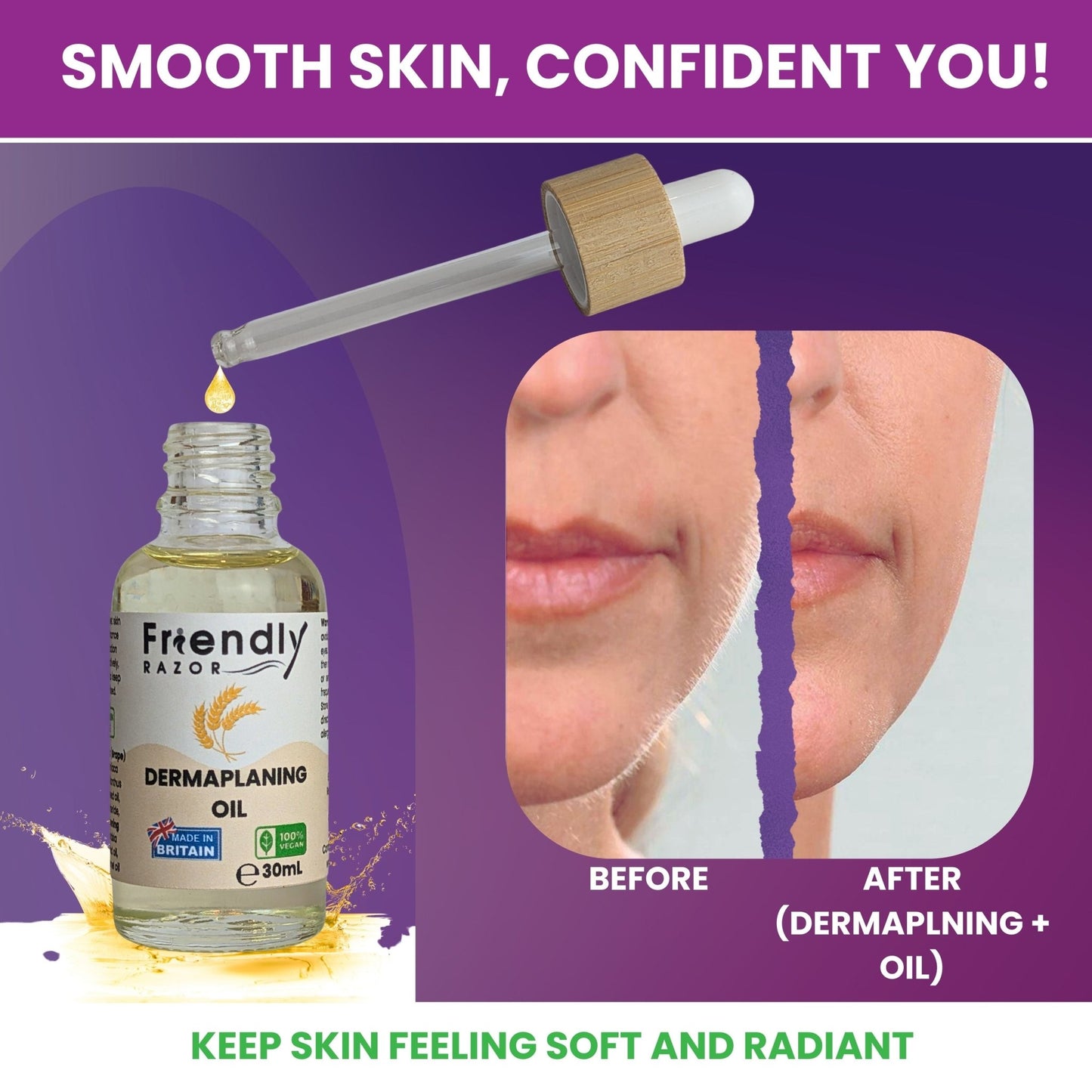 Dermaplaning Kit - Dermaplane Razors and Oil in One Set - Oil Contains Essential Extracts - Purple Mallet