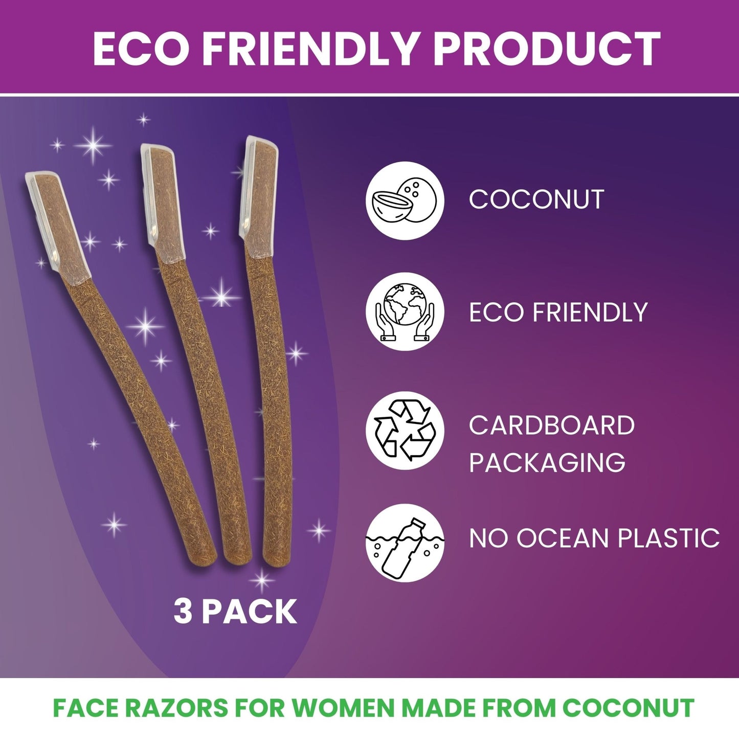 Eco - Conscious 3 Pack Coconut Dermaplaning Blades for Facial Use - Purple Mallet