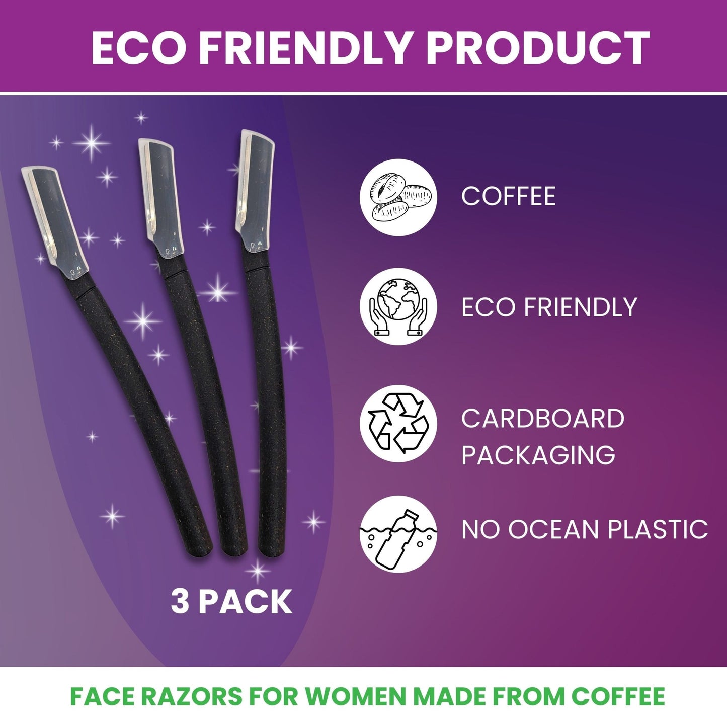 Eco - Conscious 3 Pack Coffee Dermaplaning Blades for Facial Use - Purple Mallet