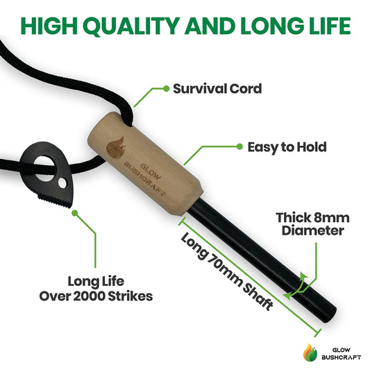 Complete Flint and Steel Fire Starter Kit - Includes Charcloth, Survival Cord & Tin - Purple Mallet