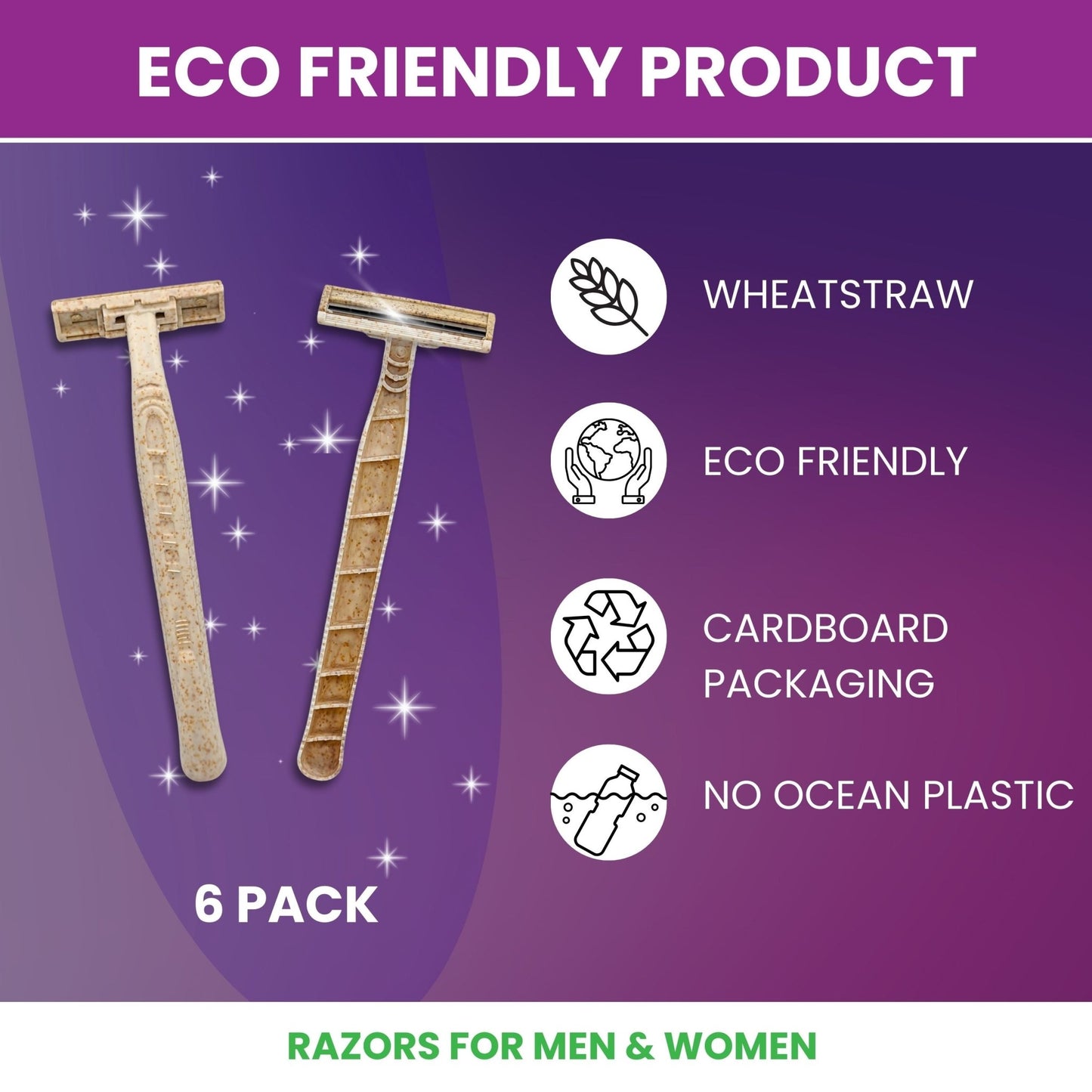 6 - Pack Eco - Friendly Wheatstraw Razors - Sustainable Shaving for Men & Women - Purple Mallet