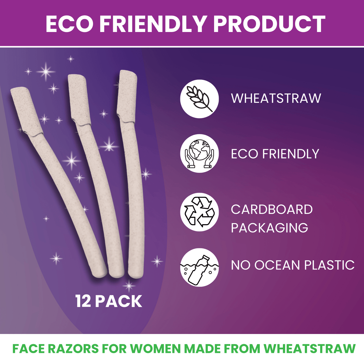 Eco - Conscious 12 Pack Wheatstraw Dermaplaning Blades for Facial Use - Purple Mallet