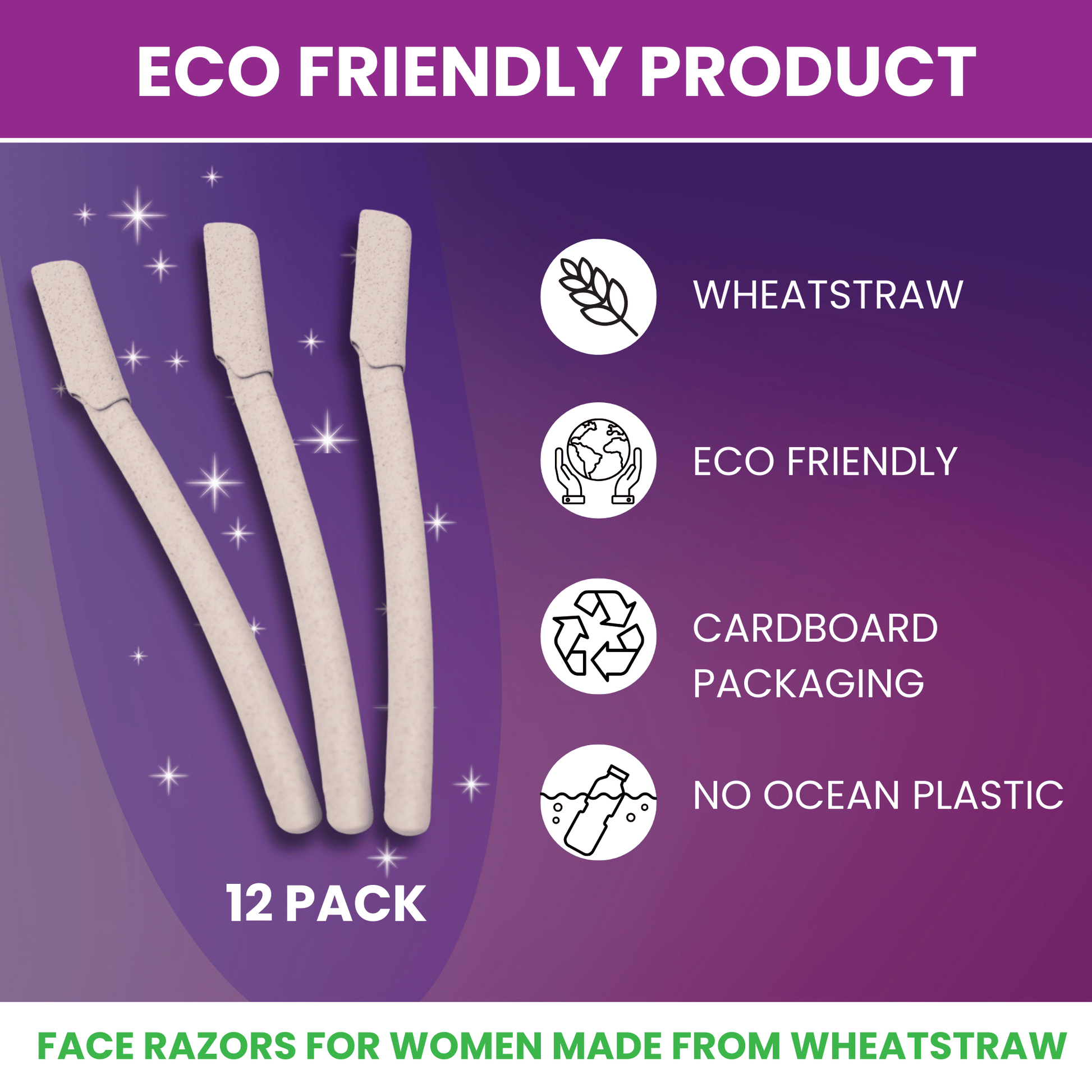 Eco - Conscious 12 Pack Wheatstraw Dermaplaning Blades for Facial Use - Purple Mallet