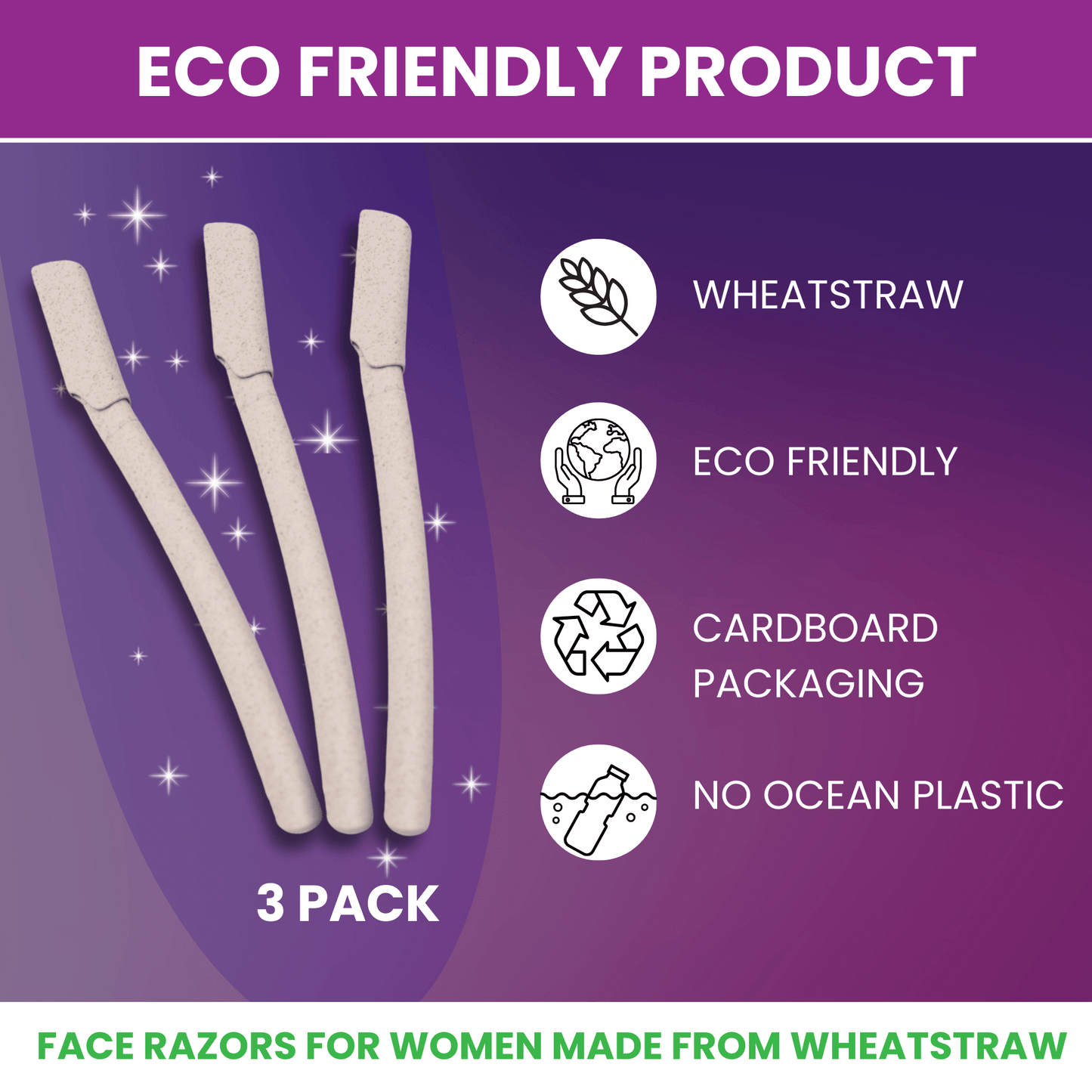 Eco - Conscious 3 Pack Wheatstraw Dermaplaning Blades for Facial Use - Purple Mallet