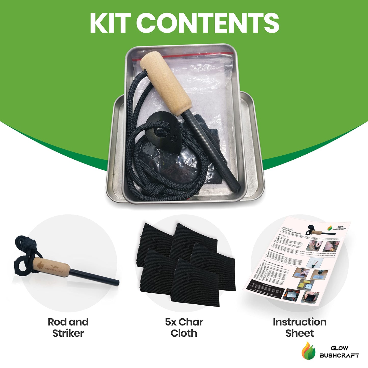 Complete Flint and Steel Fire Starter Kit - Includes Charcloth, Survival Cord & Tin