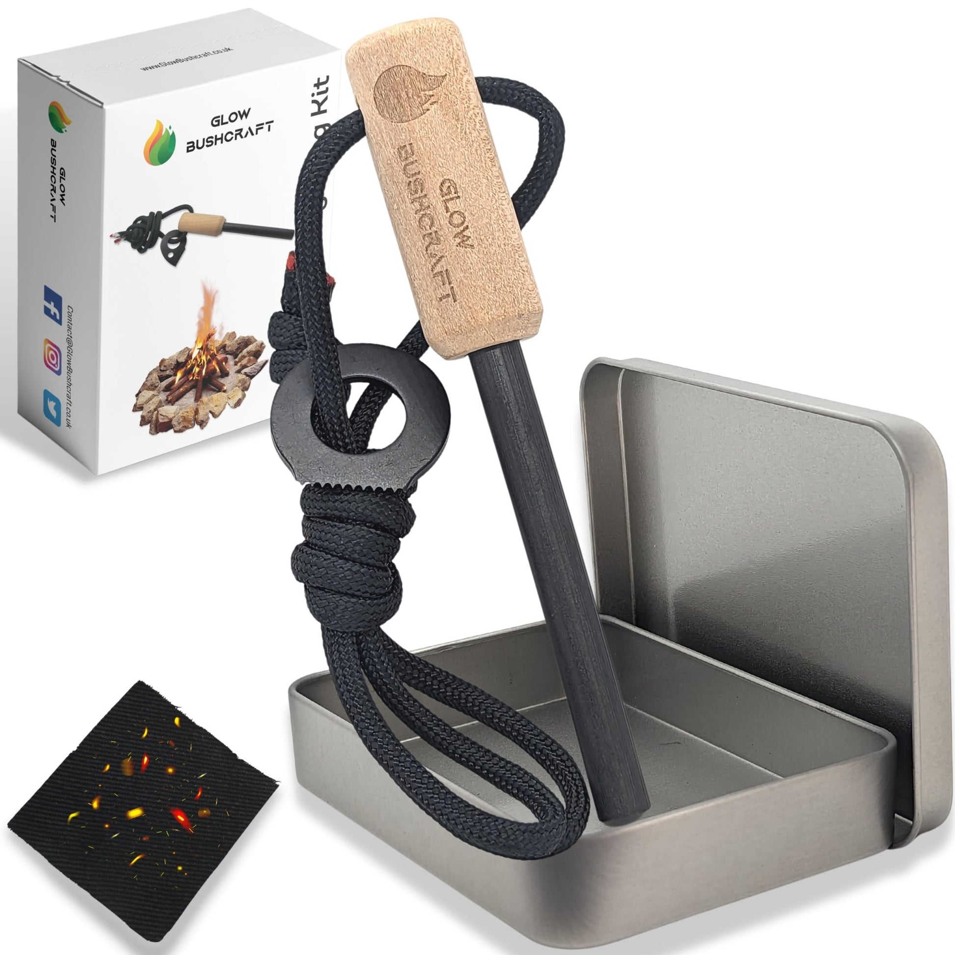 Complete Flint and Steel Fire Starter Kit - Includes Charcloth, Survival Cord & Tin - Purple Mallet