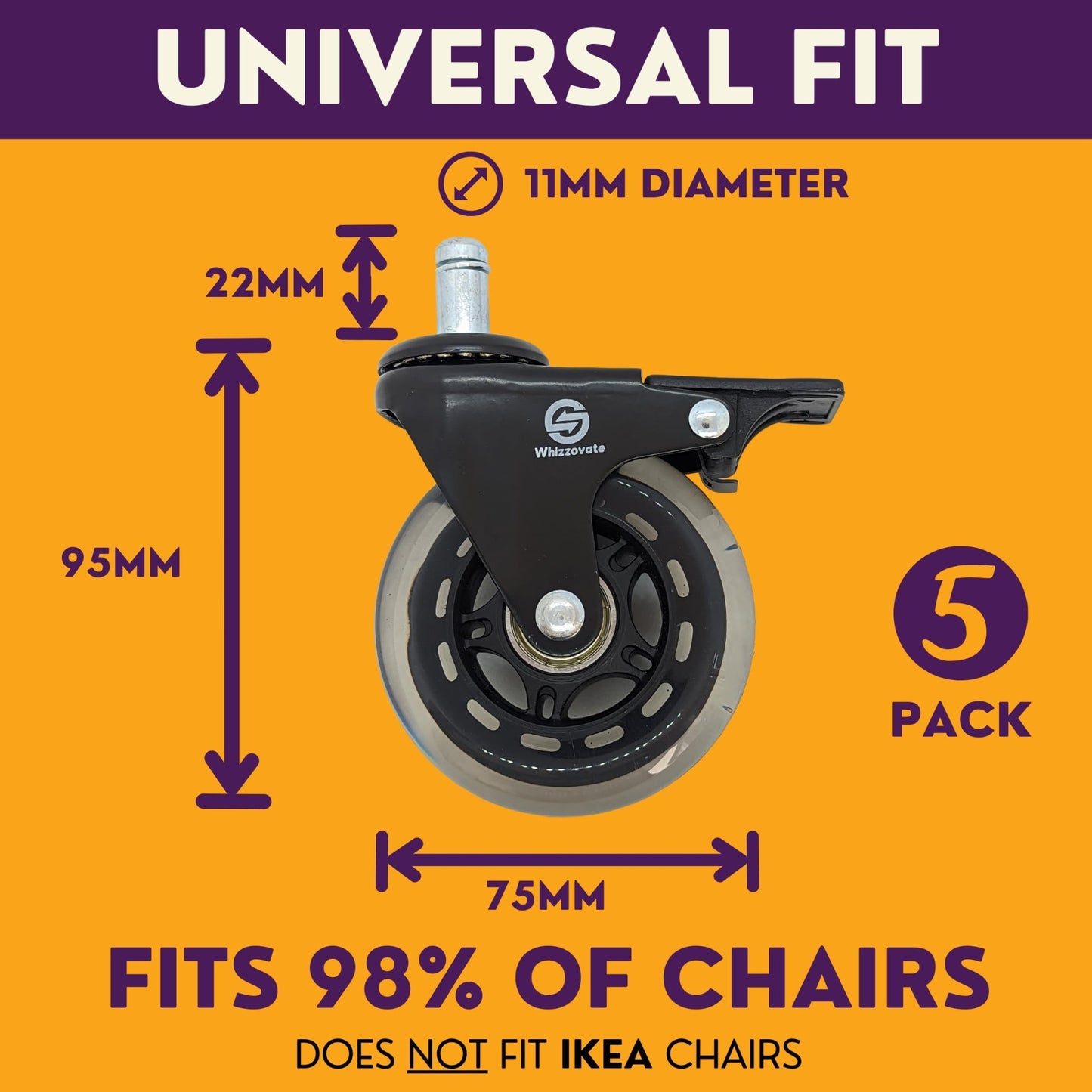 Universal Fit 5 Pack Office Chair Caster Wheels - Smooth Rolling on All Floor Types - Purple Mallet