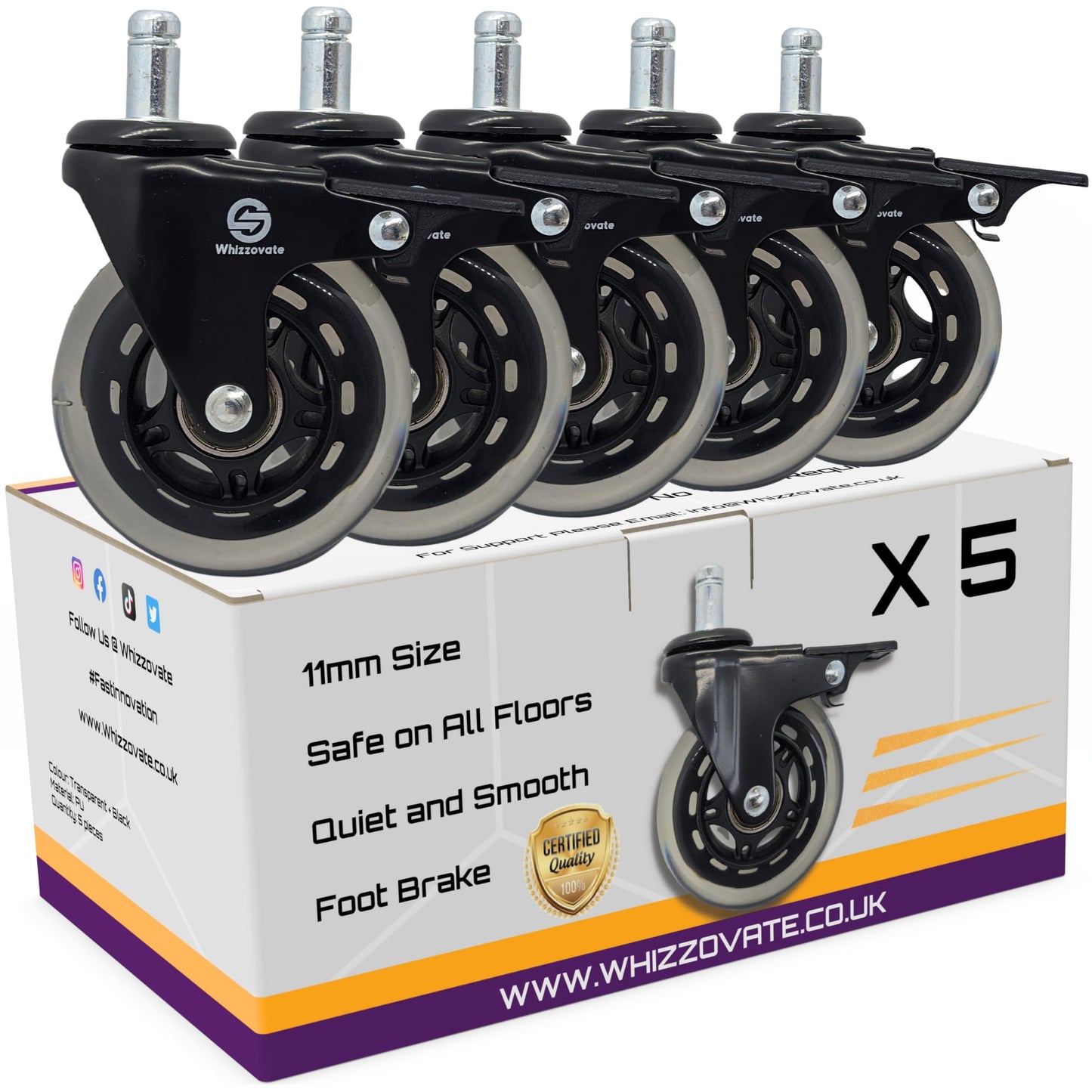 Universal Fit 5 Pack Office Chair Caster Wheels - Smooth Rolling on All Floor Types - Purple Mallet