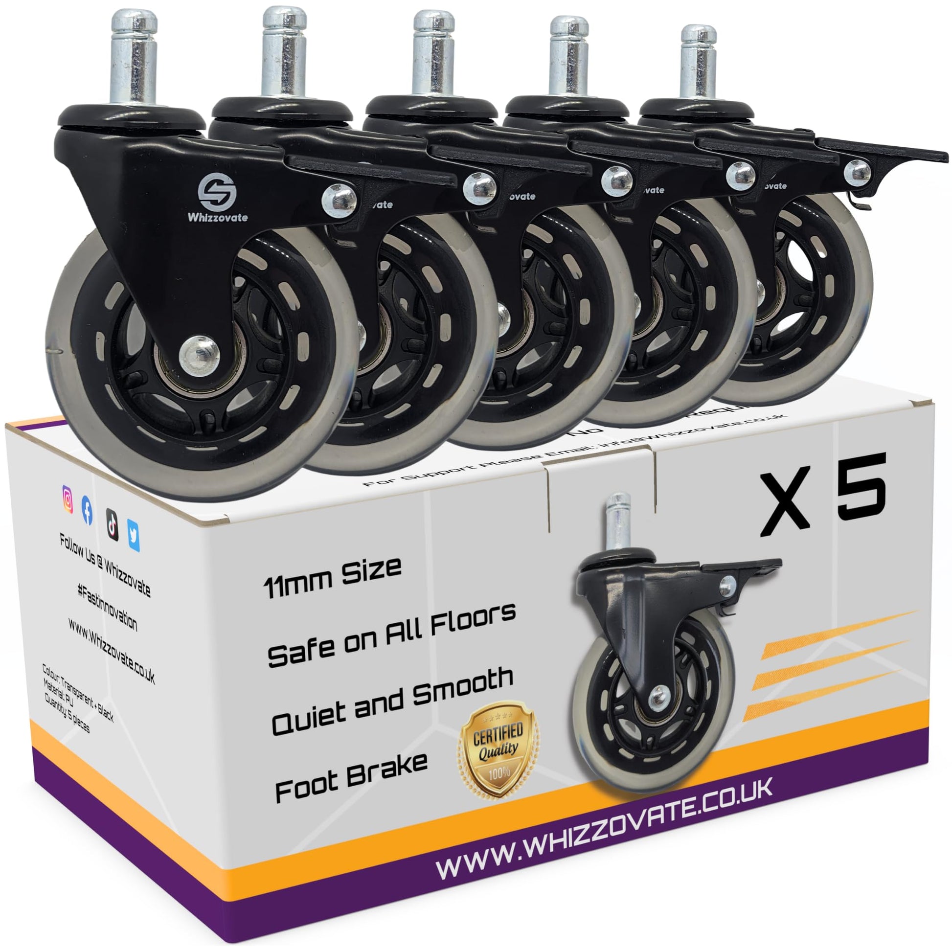 Universal Fit 5 Pack Office Chair Caster Wheels - Smooth Rolling on All Floor Types - Purple Mallet